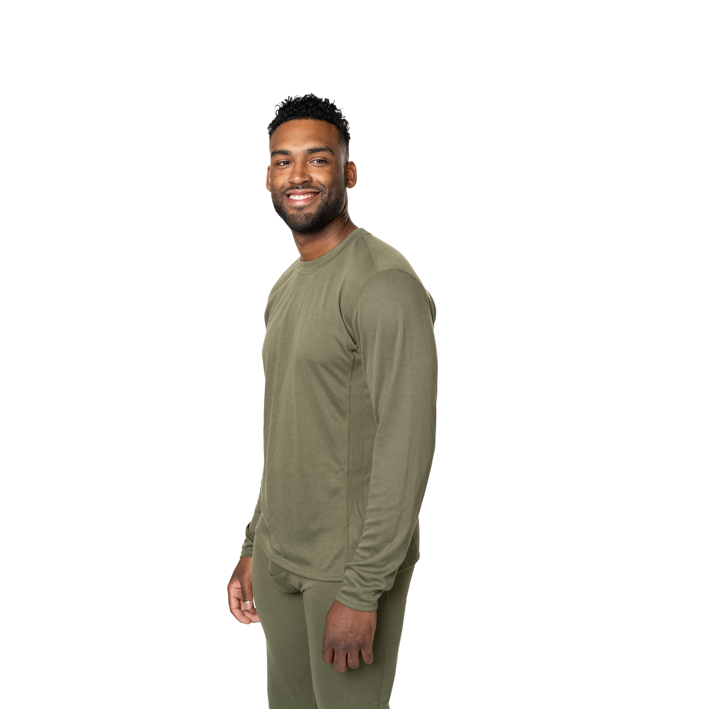 Men's double layer crewneck shirt in OD green, ideal thermal long sleeve shirt men for cold weather layering.