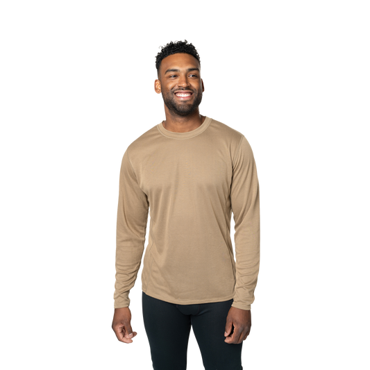 Men's double layer crewneck in tan, ideal thermal base layer shirt for men to keep warm in cold weather