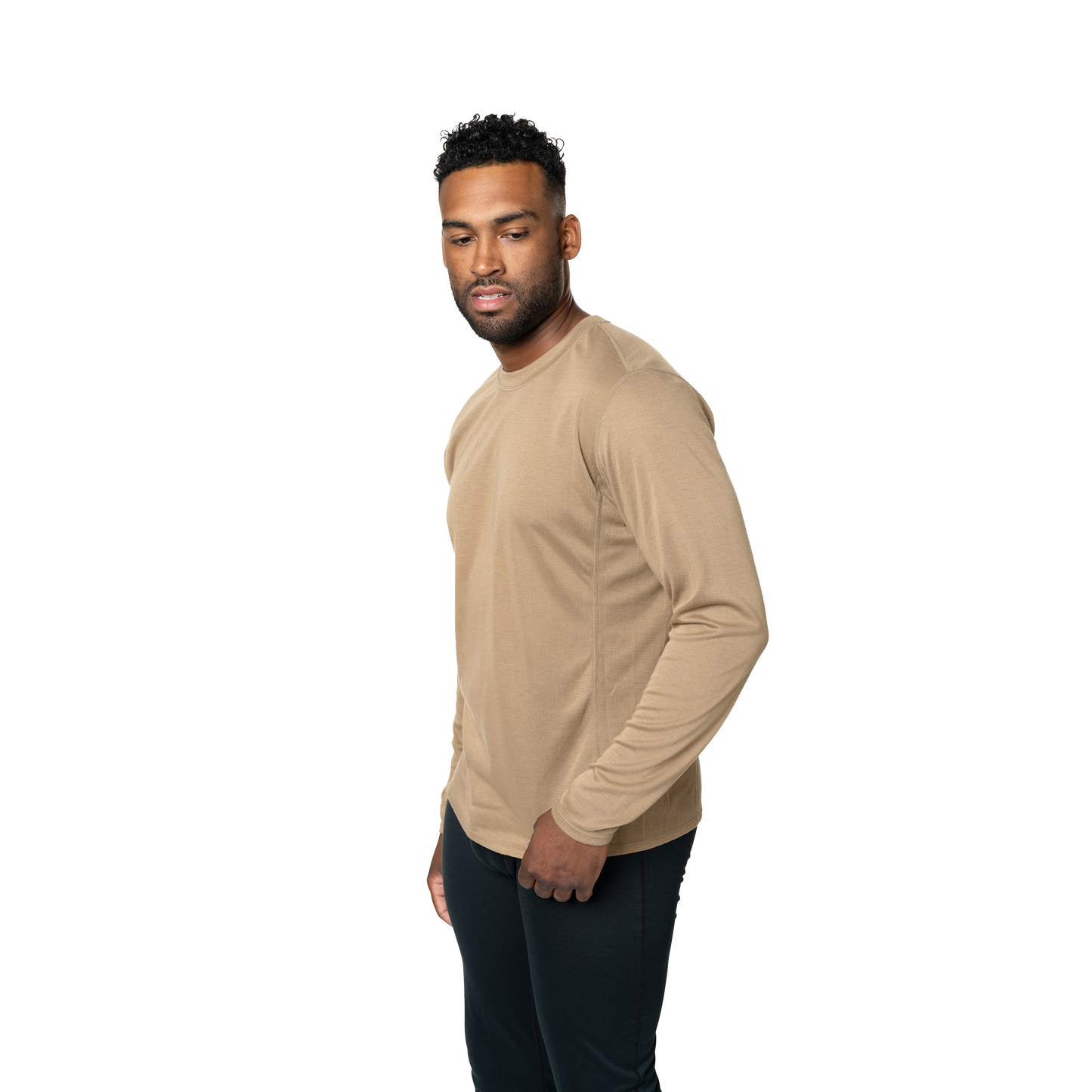 Men's tan double layer crewneck shirt, ideal thermal base layer shirt for men, providing warmth in cold weather.