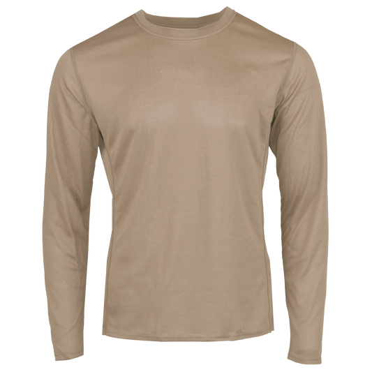 Men's double layer crewneck shirt in tan, perfect as a thermal base layer shirt for men to provide warmth in cold weather