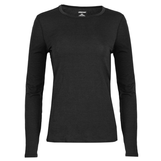 Women's black crewneck shirt made of lightweight merino wool top, ideal for cold weather base layers.