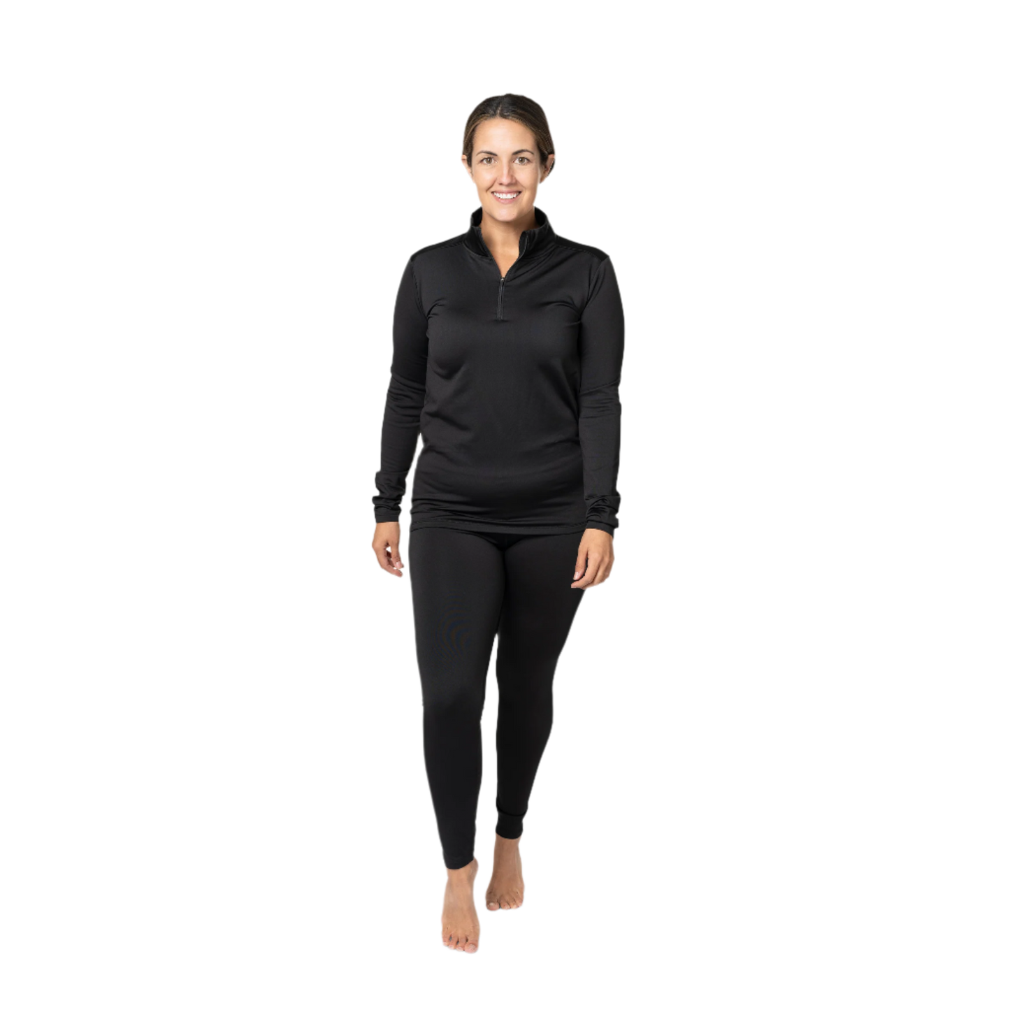 Women wearing a black Micro Fleece Zip-T, ideal thermal zip-up shirt for winter, perfect for layering in cold weather