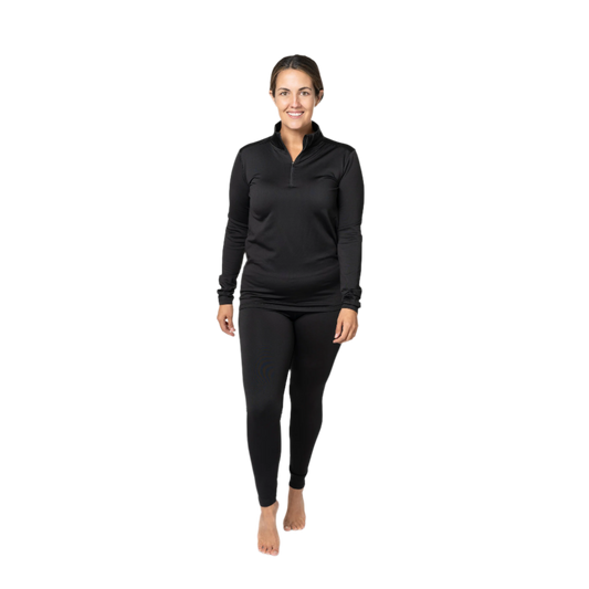 Women wearing a black Micro Fleece Zip-T, ideal thermal zip-up shirt for winter, perfect for layering in cold weather