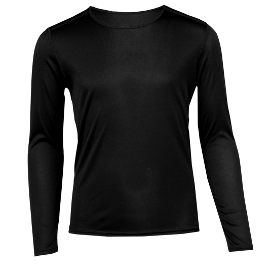 Youth black crewneck base layer by Polarmax, featuring a comfortable single layer design suitable for cold weather.