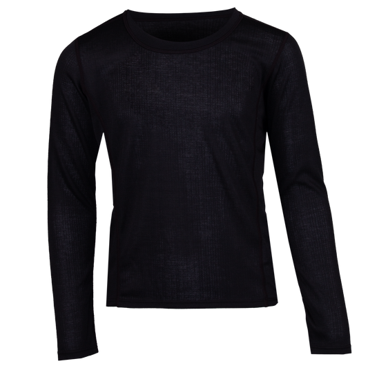 Youth double layer crewneck in black, a comfortable black thermal long sleeve shirt perfect for cold weather layering.