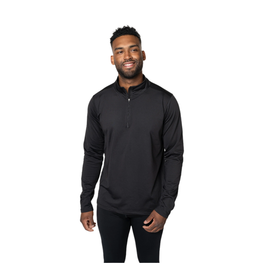Men's micro fleece zip-T in black, ideal as a black fleece base layer for men for warmth in cold weather.