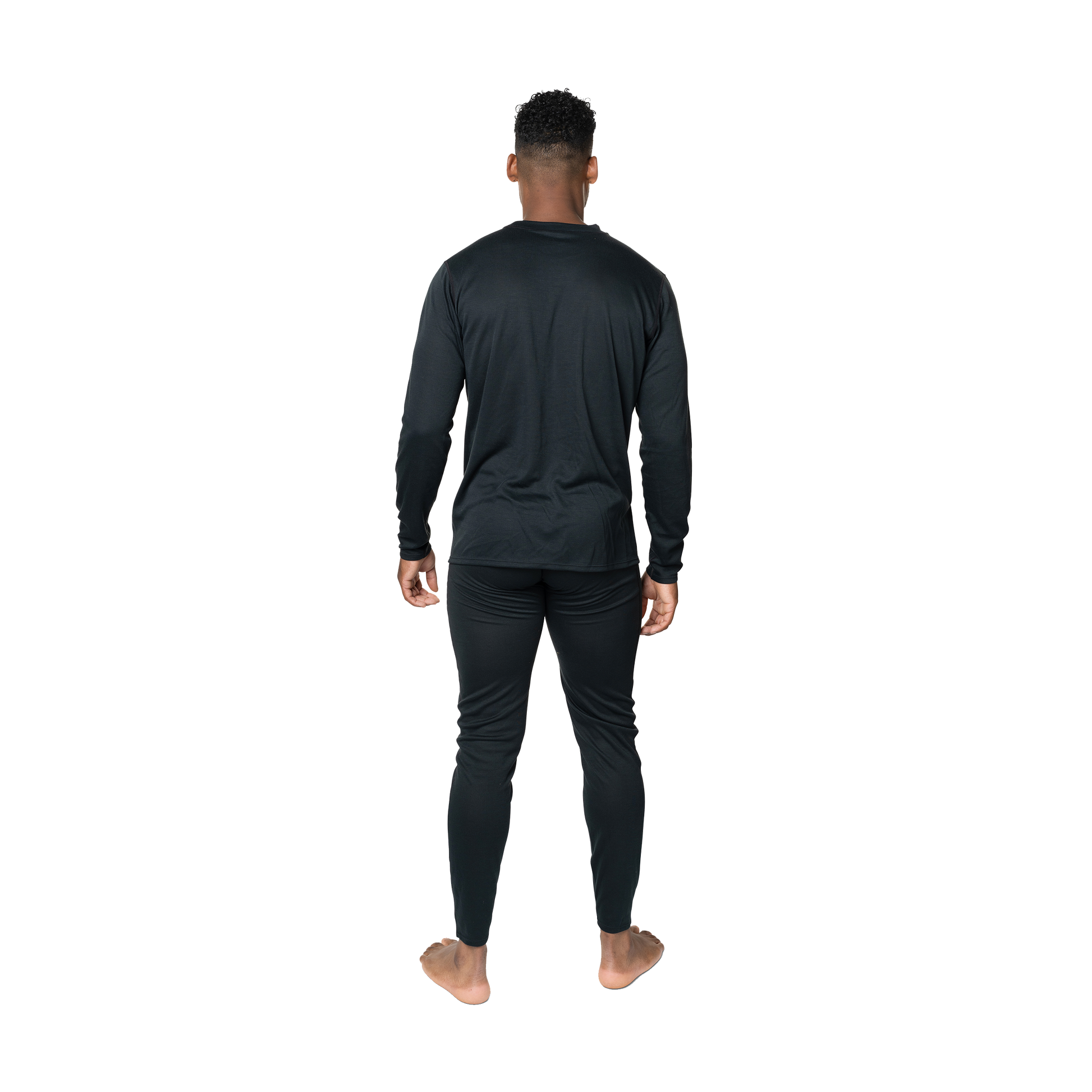 Back view of Polarmax men's thermal base layer shirt in black long sleeves for cold weather
