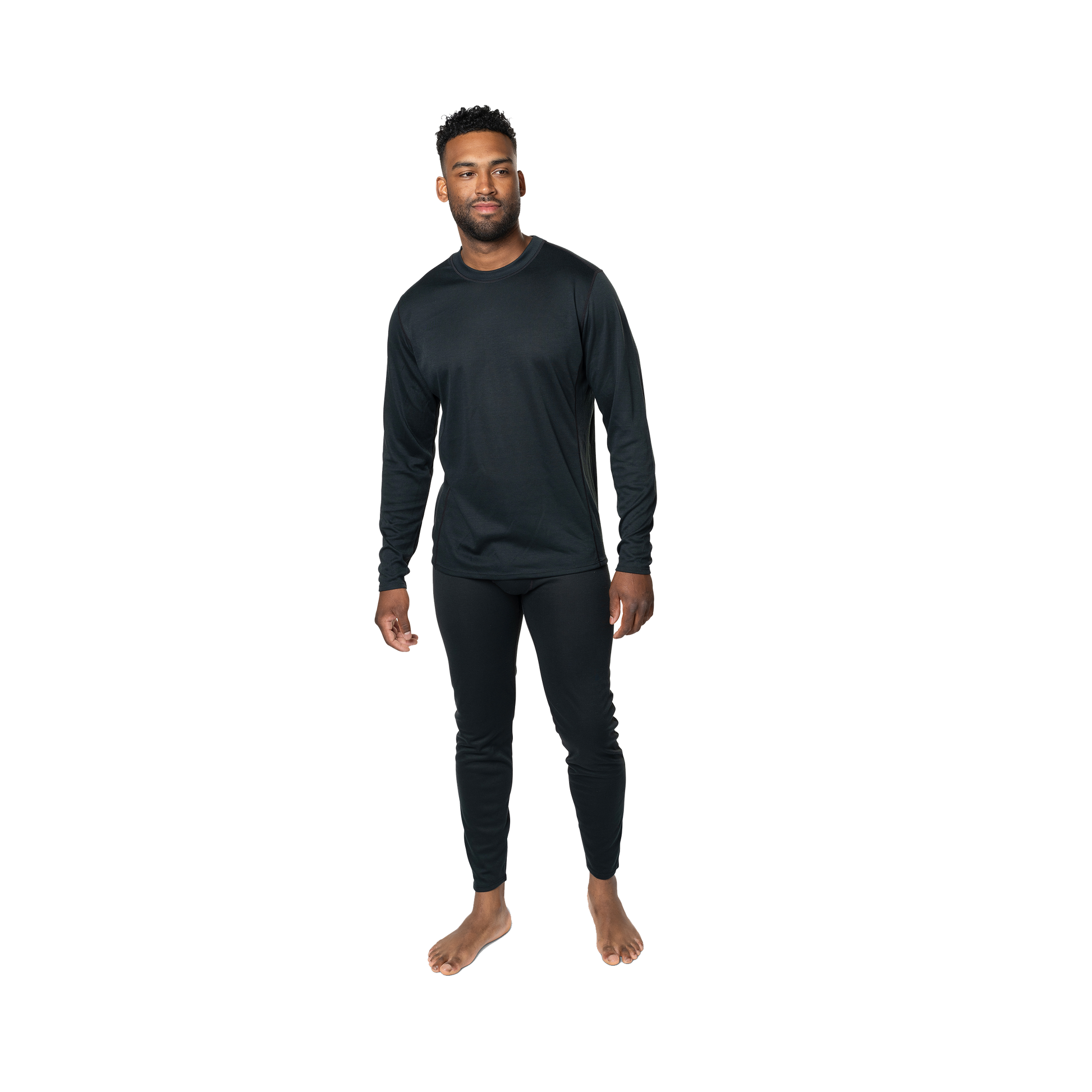 Polarmax men's thermal base layer shirt long sleeve top in black modeled on man