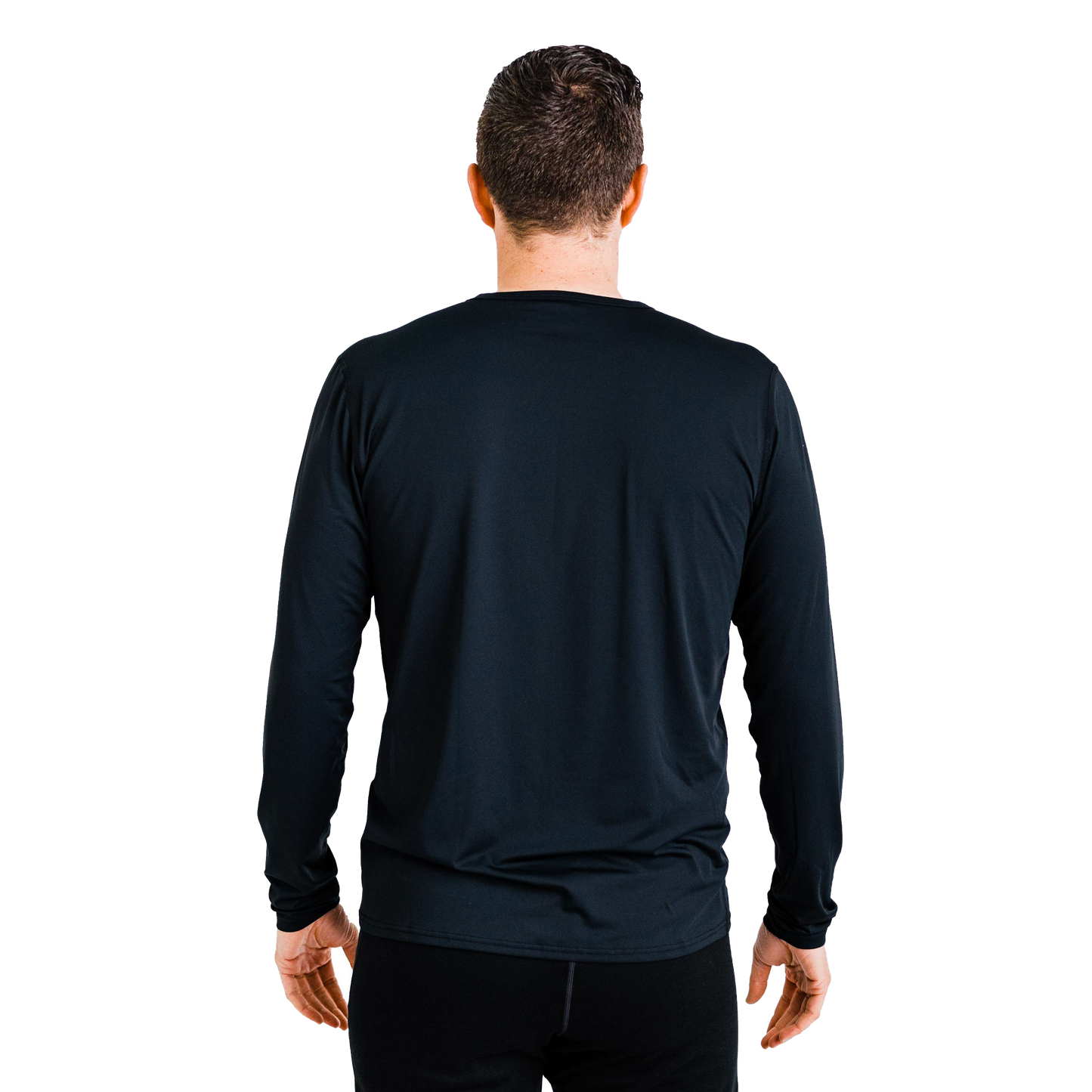 Polarmax black long sleeve top made with thermal microfleece fabric shown from back