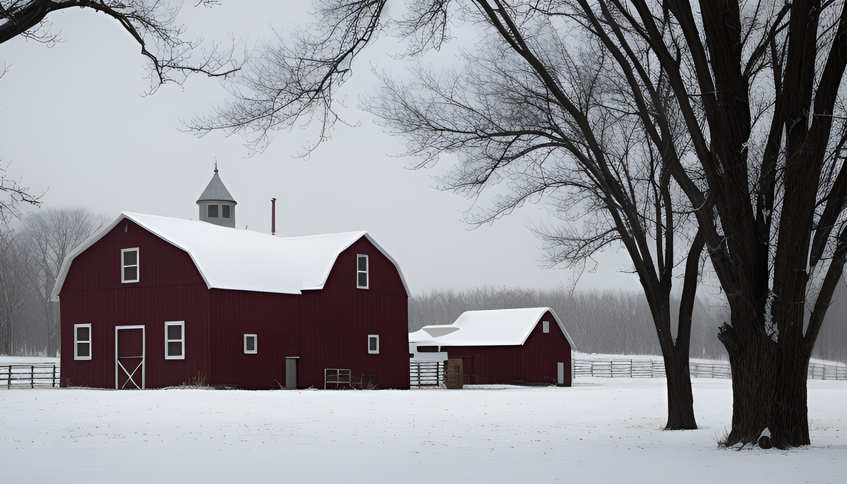 Winter scene of a red barn and farmhouse, ideal for showcasing the best base layers for farmers