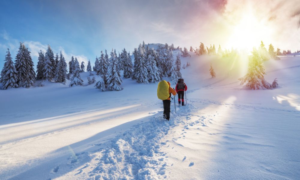 People hiking through snow in winter, highlighting the best base layers for winter sports.