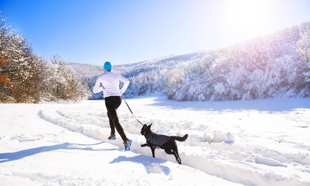 Person jogging with a dog in snowy landscape wearing best base layers for cold weather