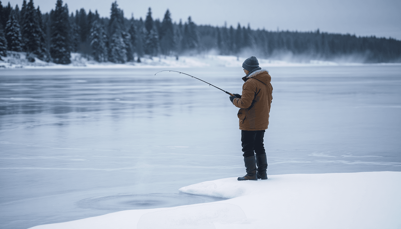 Person fishing on a frozen lake wearing a thermal base layer for cold weather activities