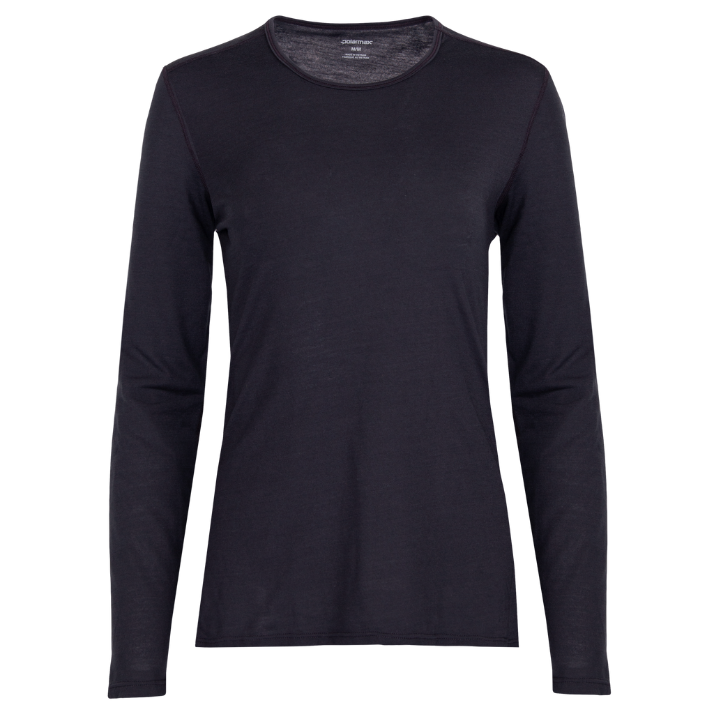 Women's crewneck base layer in black from Polarmax, designed for warmth and comfort in cold weather.