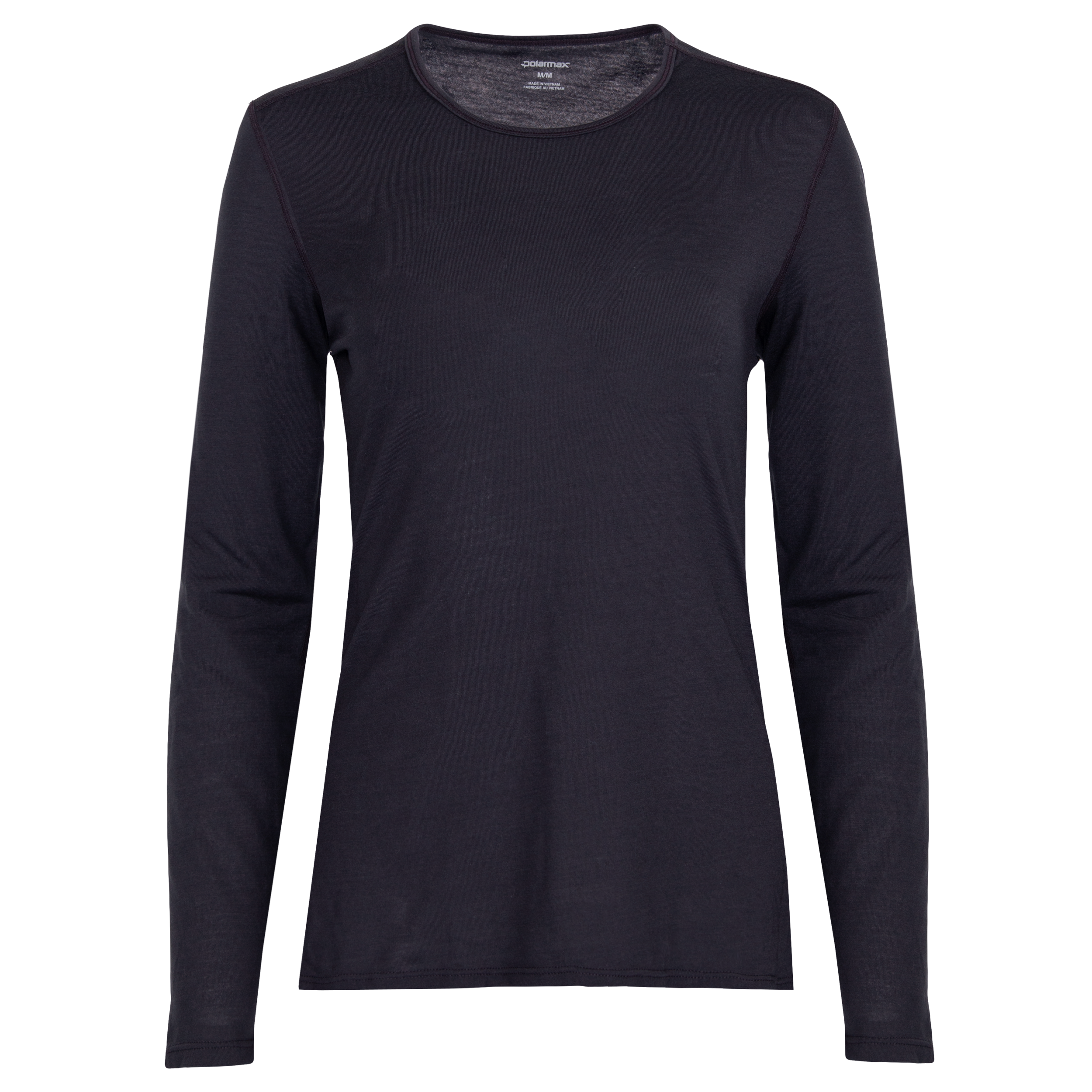Women's crewneck base layer in black from Polarmax, designed for warmth and comfort in cold weather.