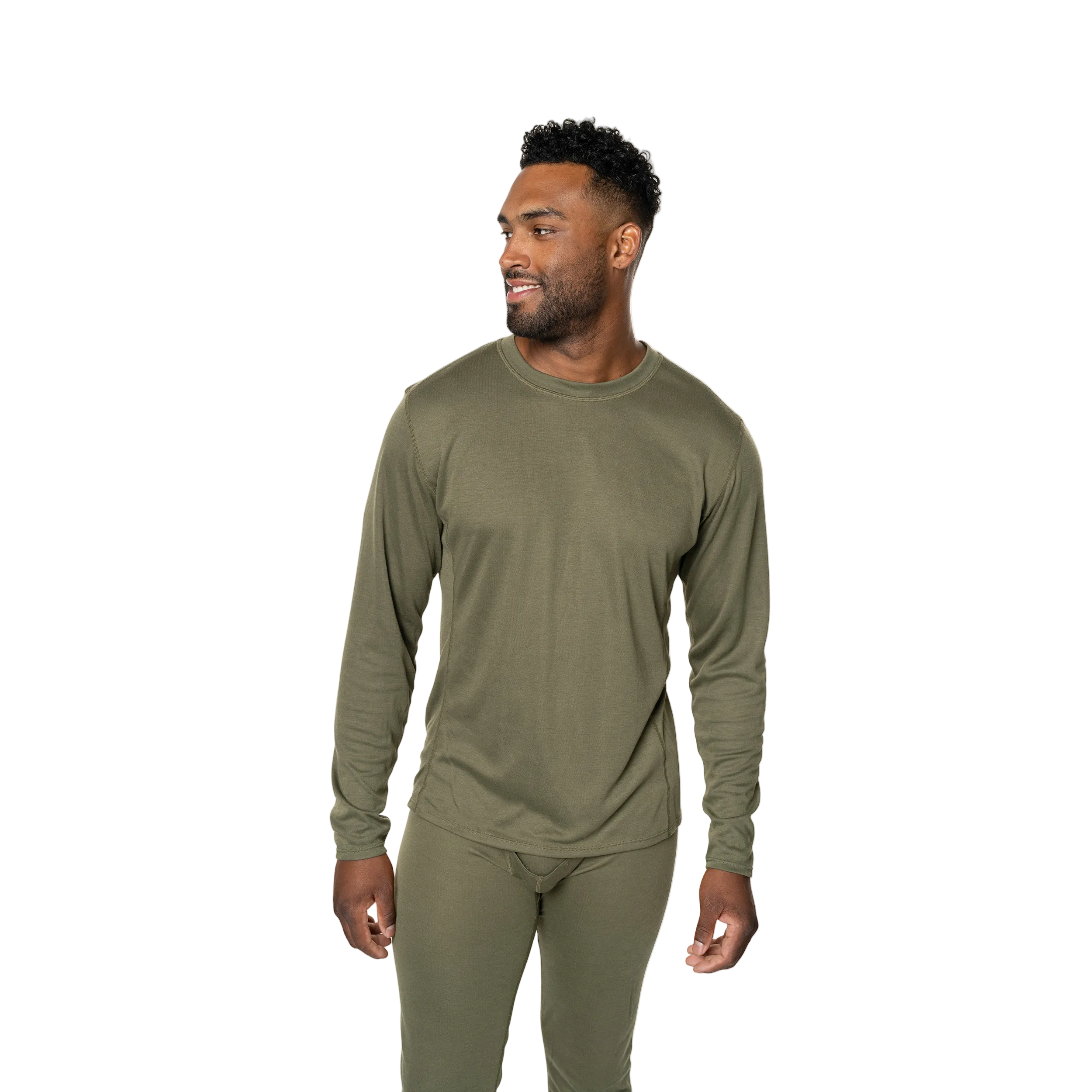 Man wearing a Polarmax green long-sleeve shirt and pants on a white background