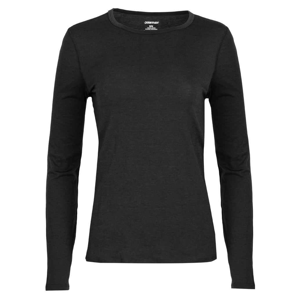 Women's black crewneck shirt made of lightweight merino wool top, ideal for cold weather base layers.