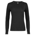 Women's black crewneck shirt made of lightweight merino wool top, ideal for cold weather base layers.