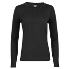 Women's black crewneck shirt made of lightweight merino wool top, ideal for cold weather base layers.