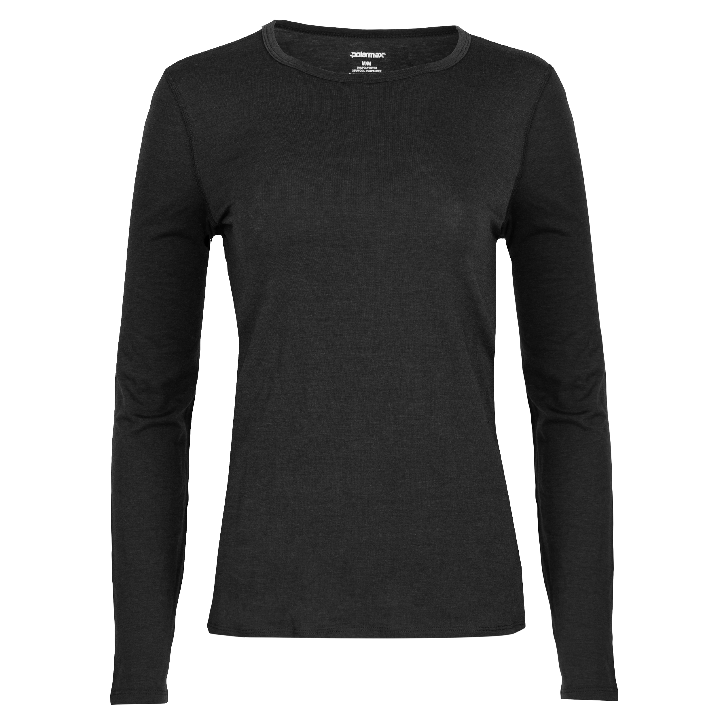 Women's black crewneck shirt made of lightweight merino wool top, ideal for cold weather base layers.