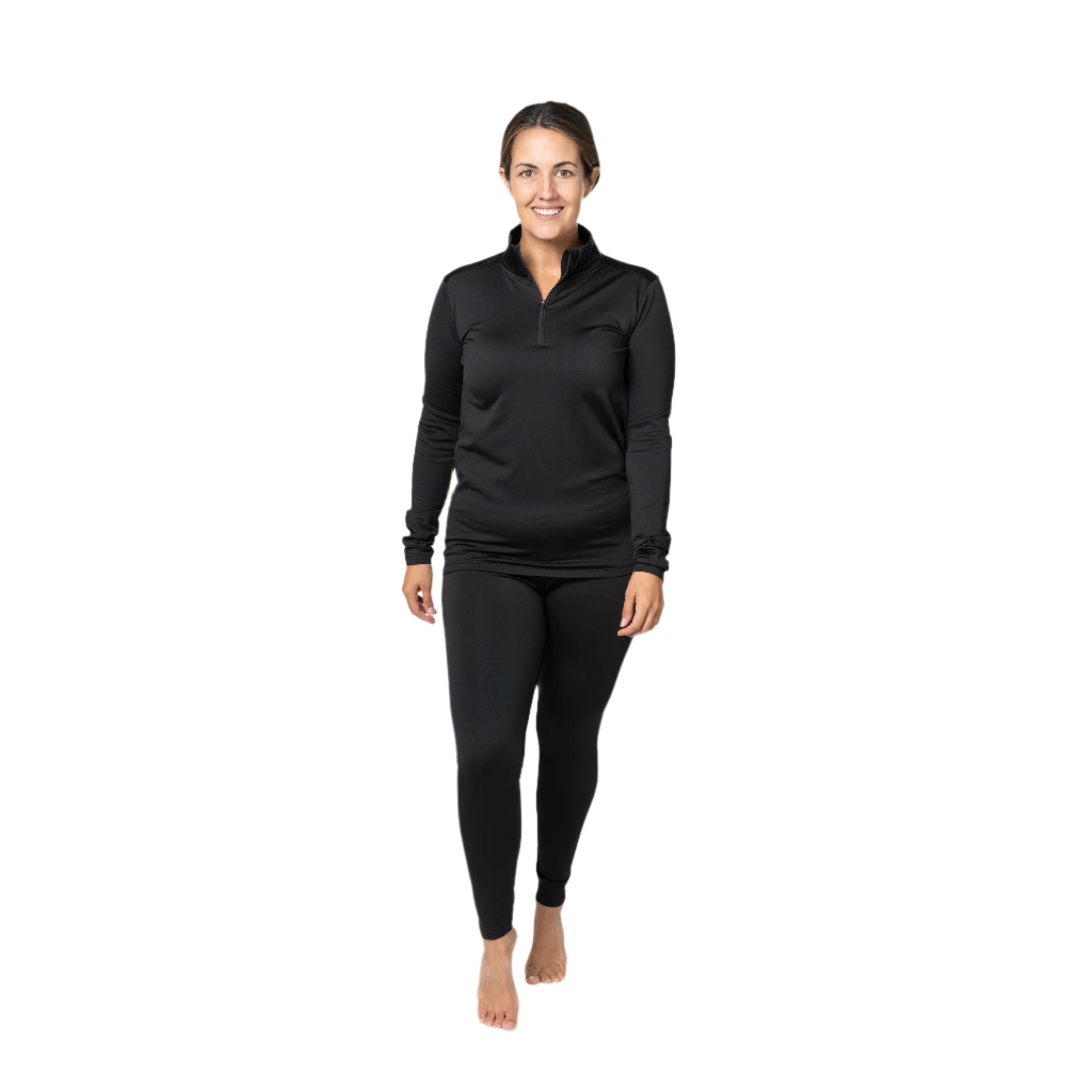 Women wearing a black Micro Fleece Zip-T, ideal thermal zip-up shirt for winter, perfect for layering in cold weather