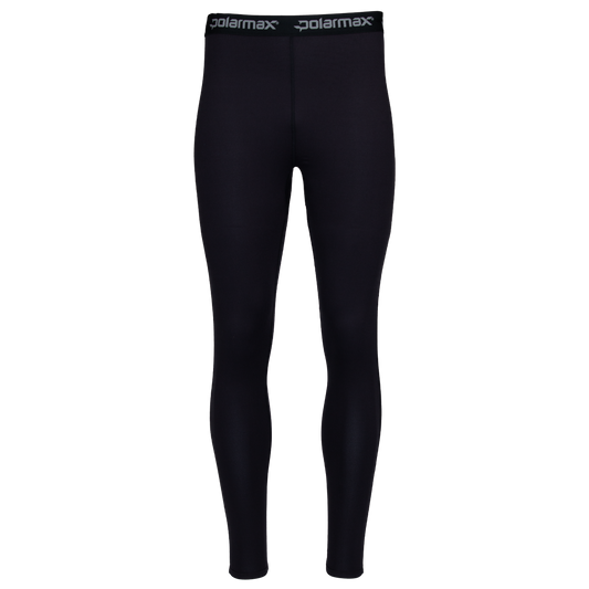 Black Polarmax two sided fleece leggings with Polarmax branding on a white background