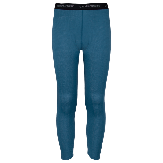 Double Layer Youth Blue thermal leggings with black waistband on a white background