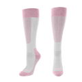 Pair of pink and white knee-high socks on a white background