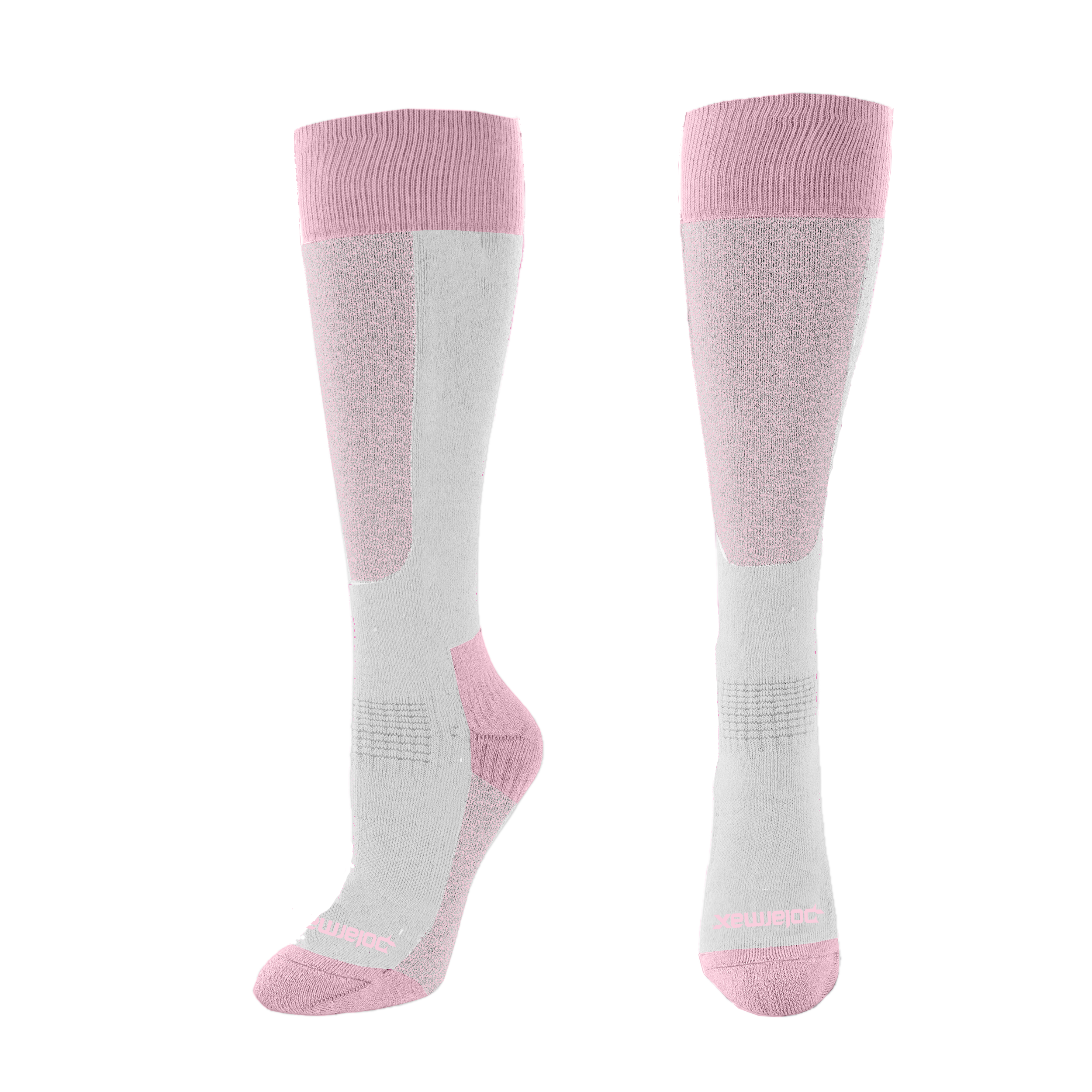 Pair of pink and white knee-high socks on a white background