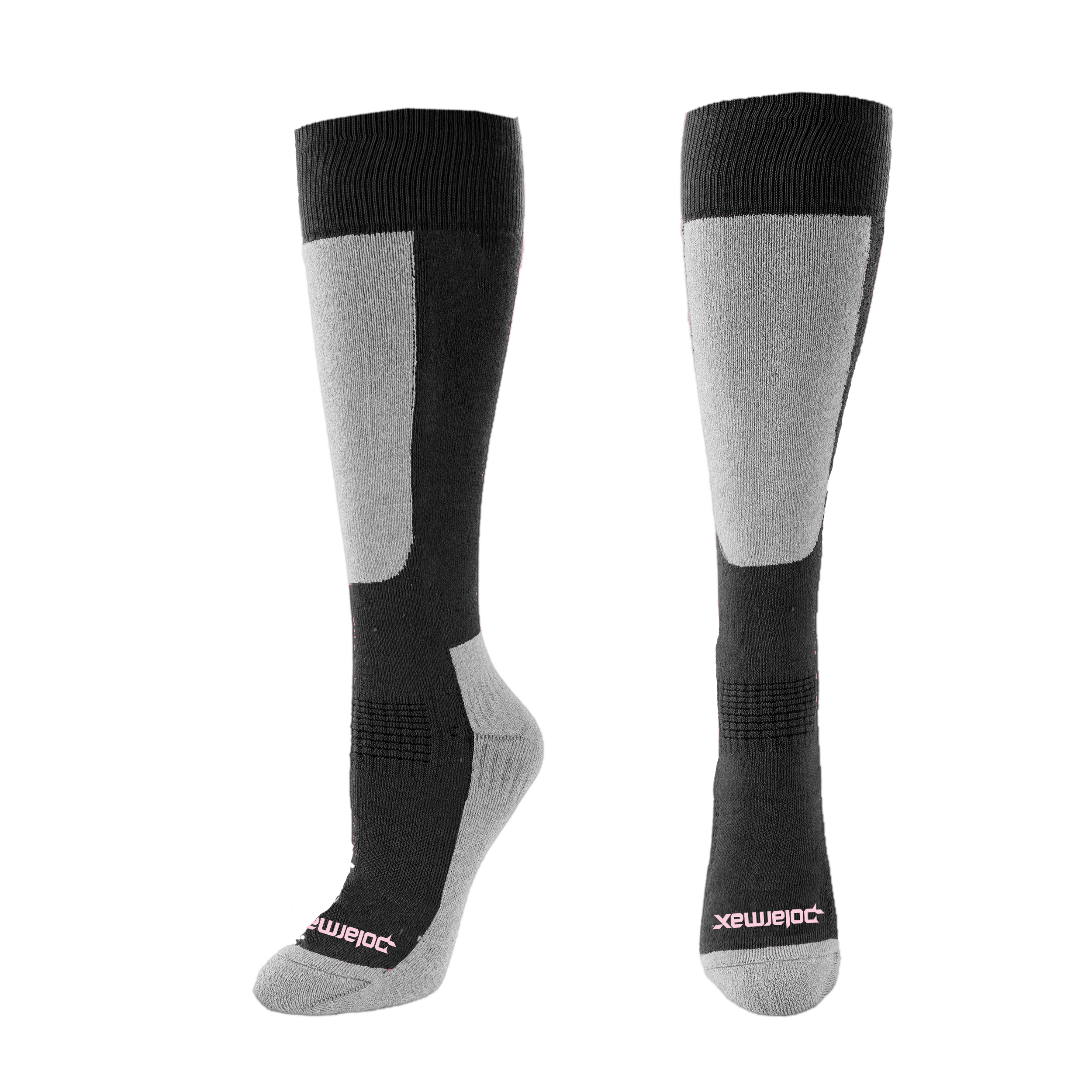 Pair of black and gray knee-high socks with 'Polarmax' branding on a white background