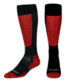 Black and red socks with visible branding on a white background