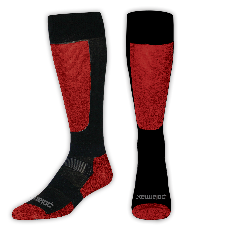 Black and red socks with visible branding on a white background