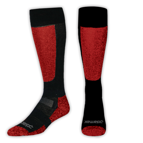 Black and red socks with visible branding on a white background