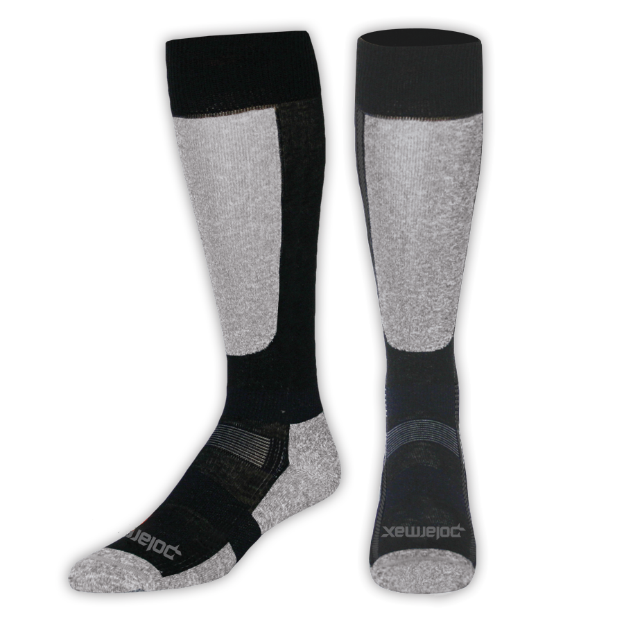 Pair of black and gray knee-high socks on a white background