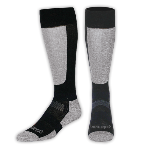 Pair of black and gray knee-high socks on a white background