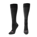 Pair of black knee-high socks with visible branding on a white background