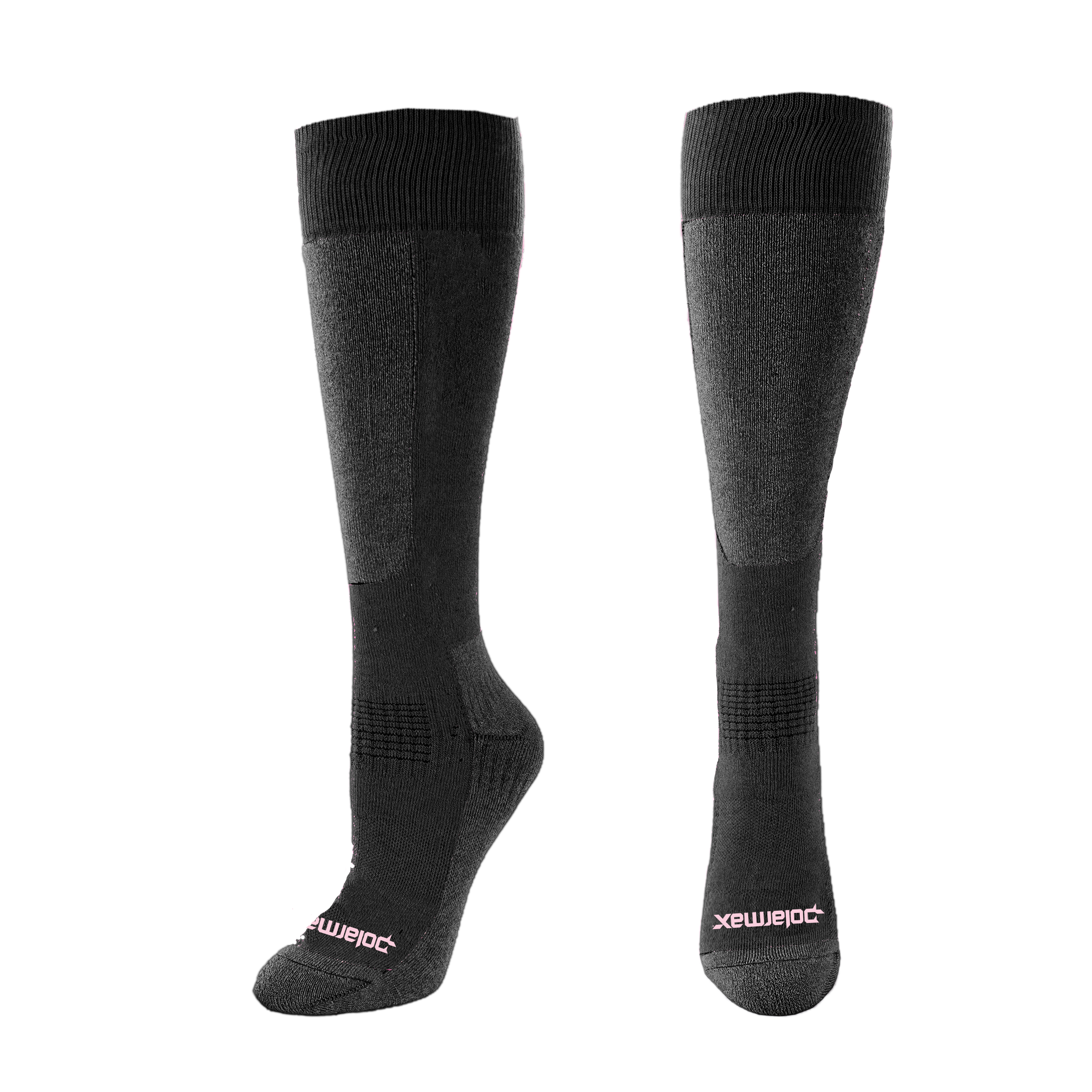 Pair of black knee-high socks with visible branding on a white background