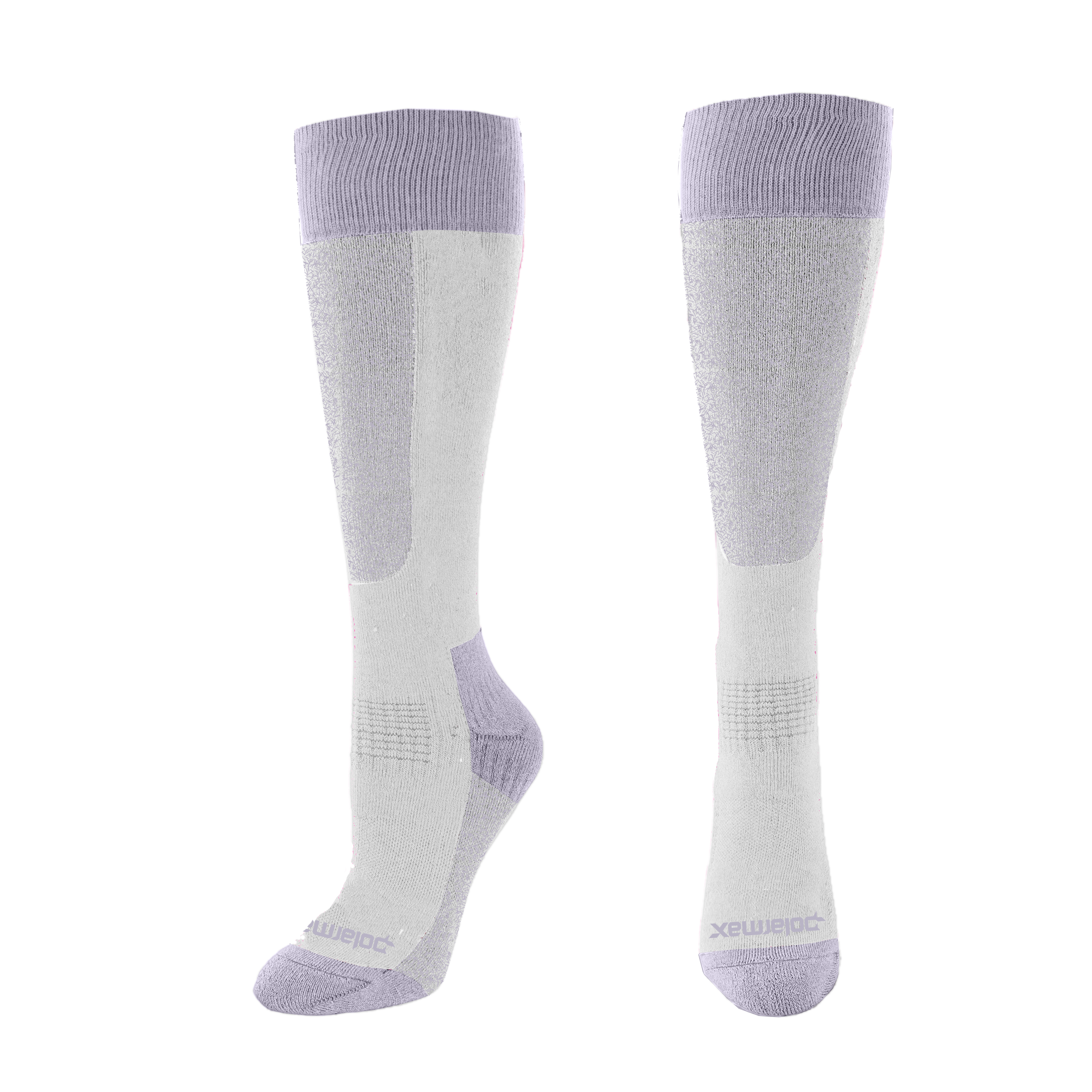 White and light purple knee-high socks with purple accents on a white background
