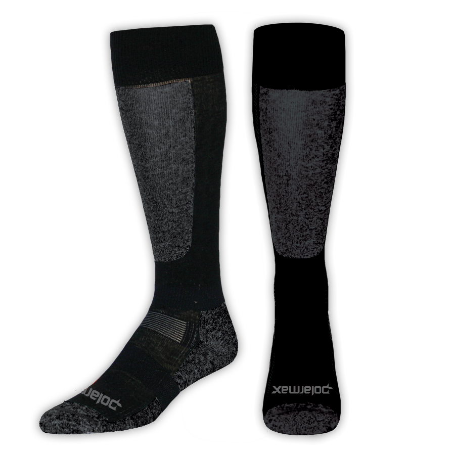 Pair of black and gray knee-high socks on a white background