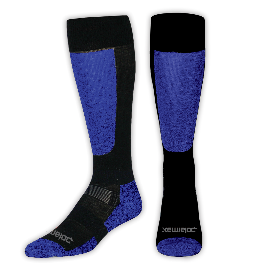 Pair of black and blue knee-high socks on a white background