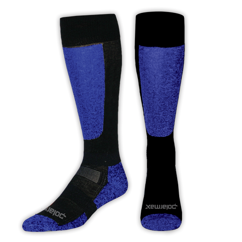 Pair of black and blue knee-high socks on a white background