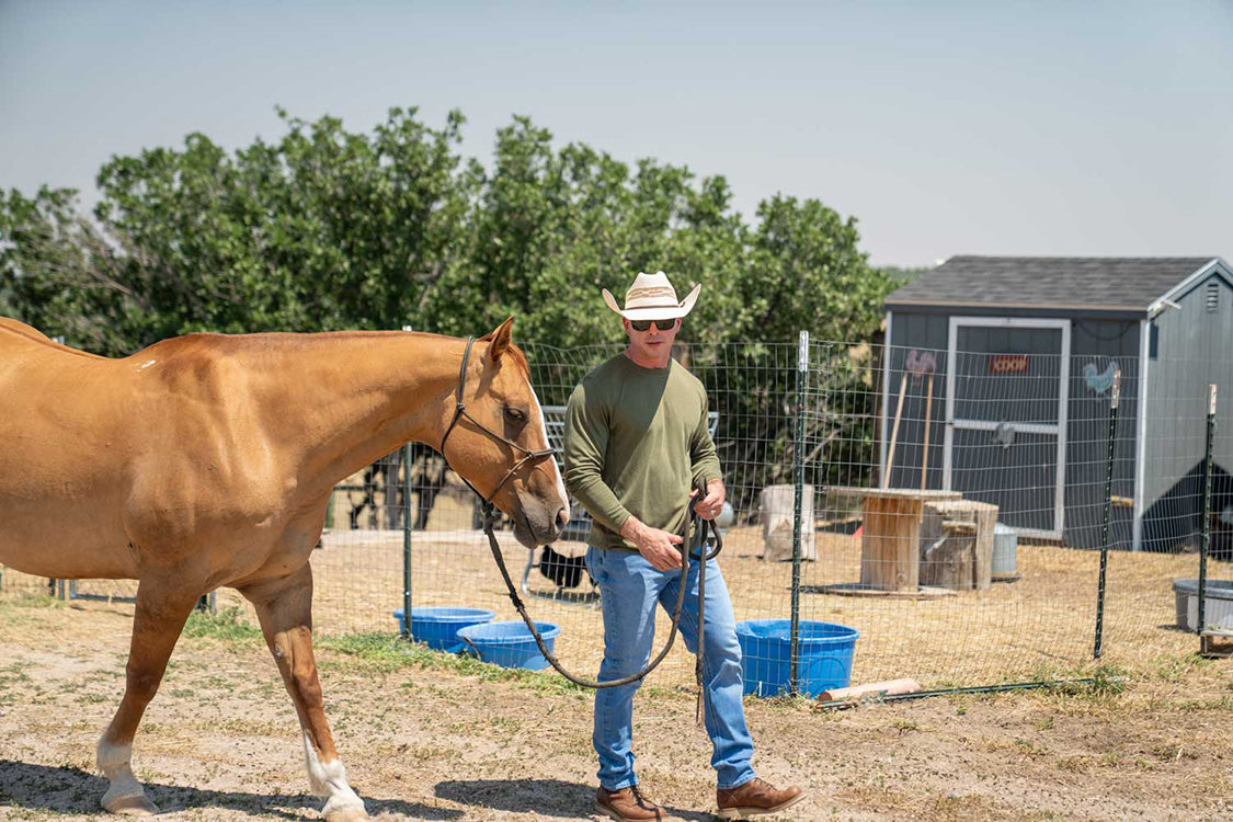 A man in a cowboy hat, green long-sleeve shirt, and blue jeans walks a chestnut horse in an outdoor paddock with a fence, blue buckets, and a gray shed in the background.