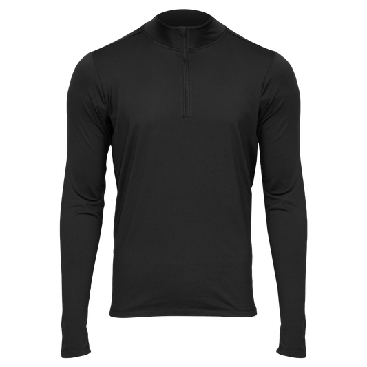 Men's black fleece base layer for men featuring a zippered neckline and long sleeves, perfect for cold weather comfort.