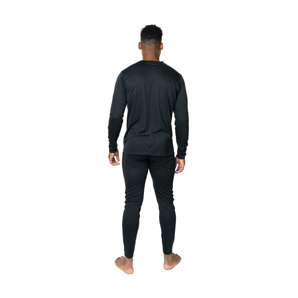 Back view of Polarmax men's thermal base layer shirt in black long sleeves for cold weather