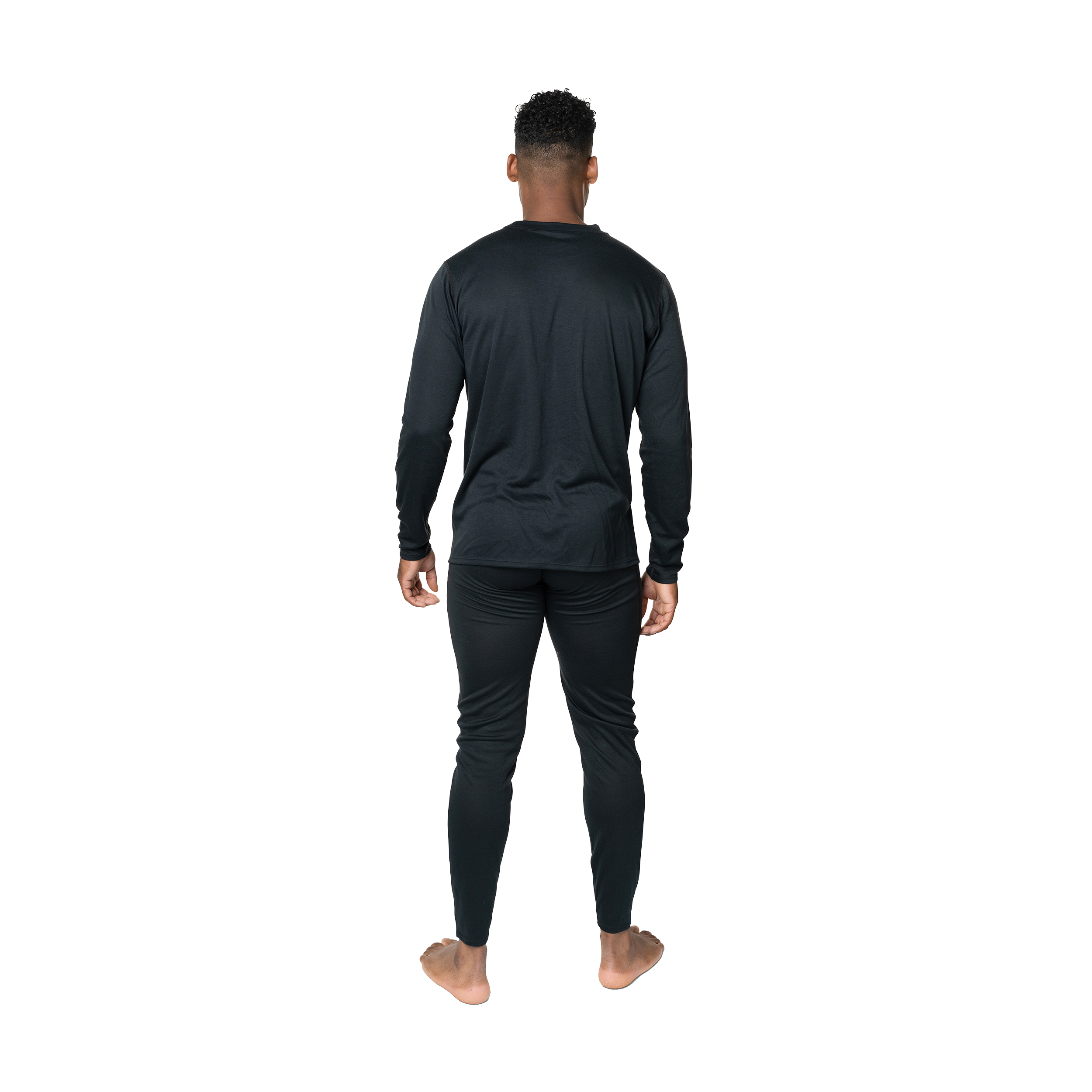 Back view of Polarmax men's thermal base layer shirt in black long sleeves for cold weather