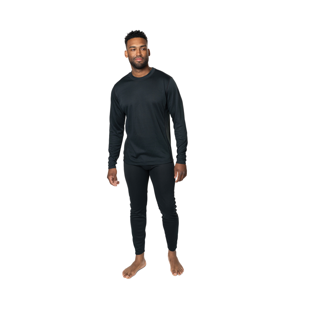 Polarmax men's thermal base layer shirt long sleeve top in black modeled on man