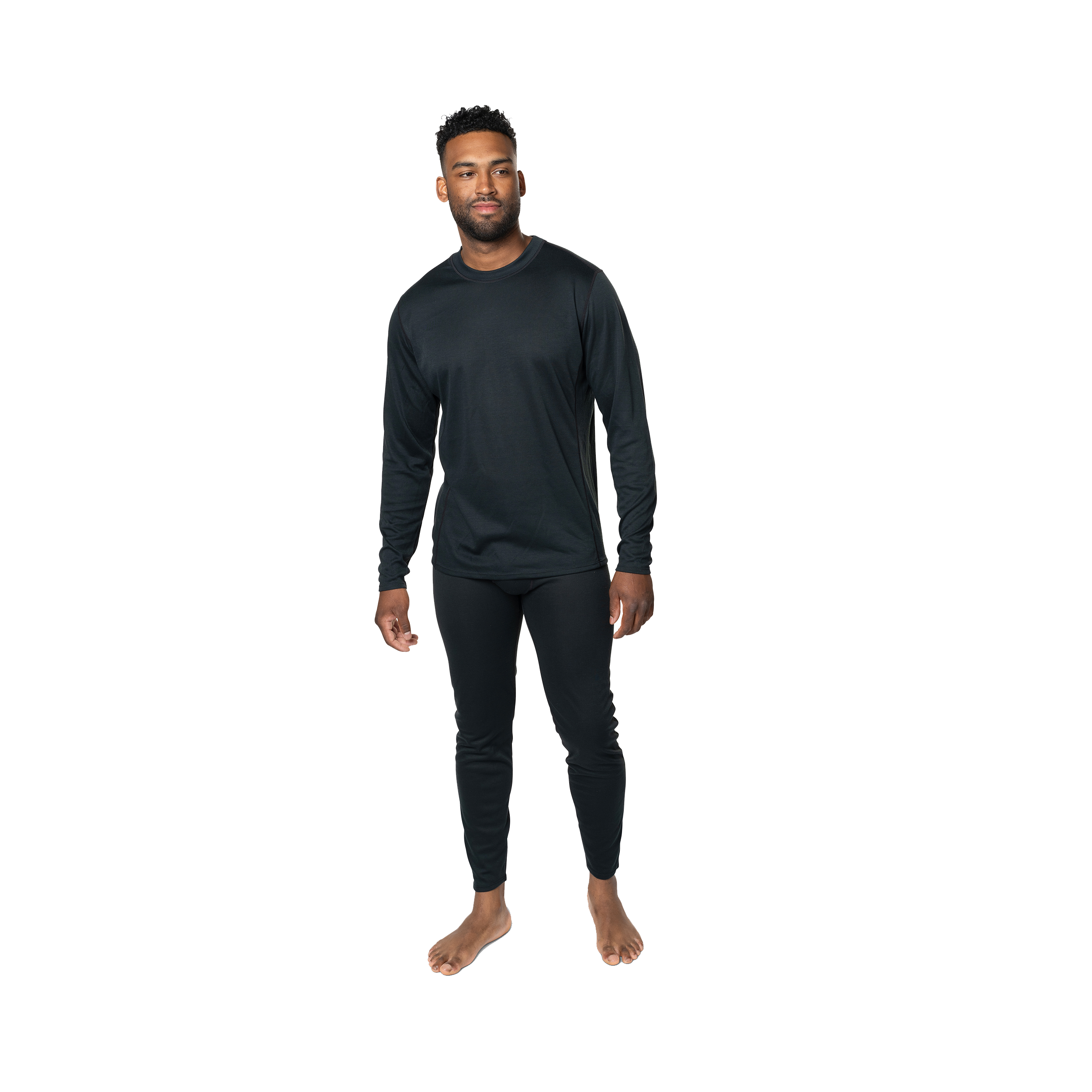 Polarmax men's thermal base layer shirt long sleeve top in black modeled on man