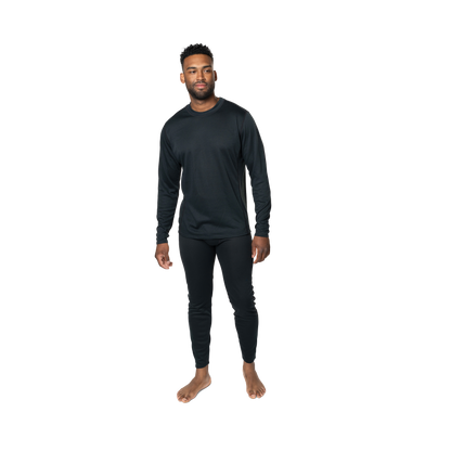 Polarmax men's thermal base layer shirt long sleeve top in black modeled on man