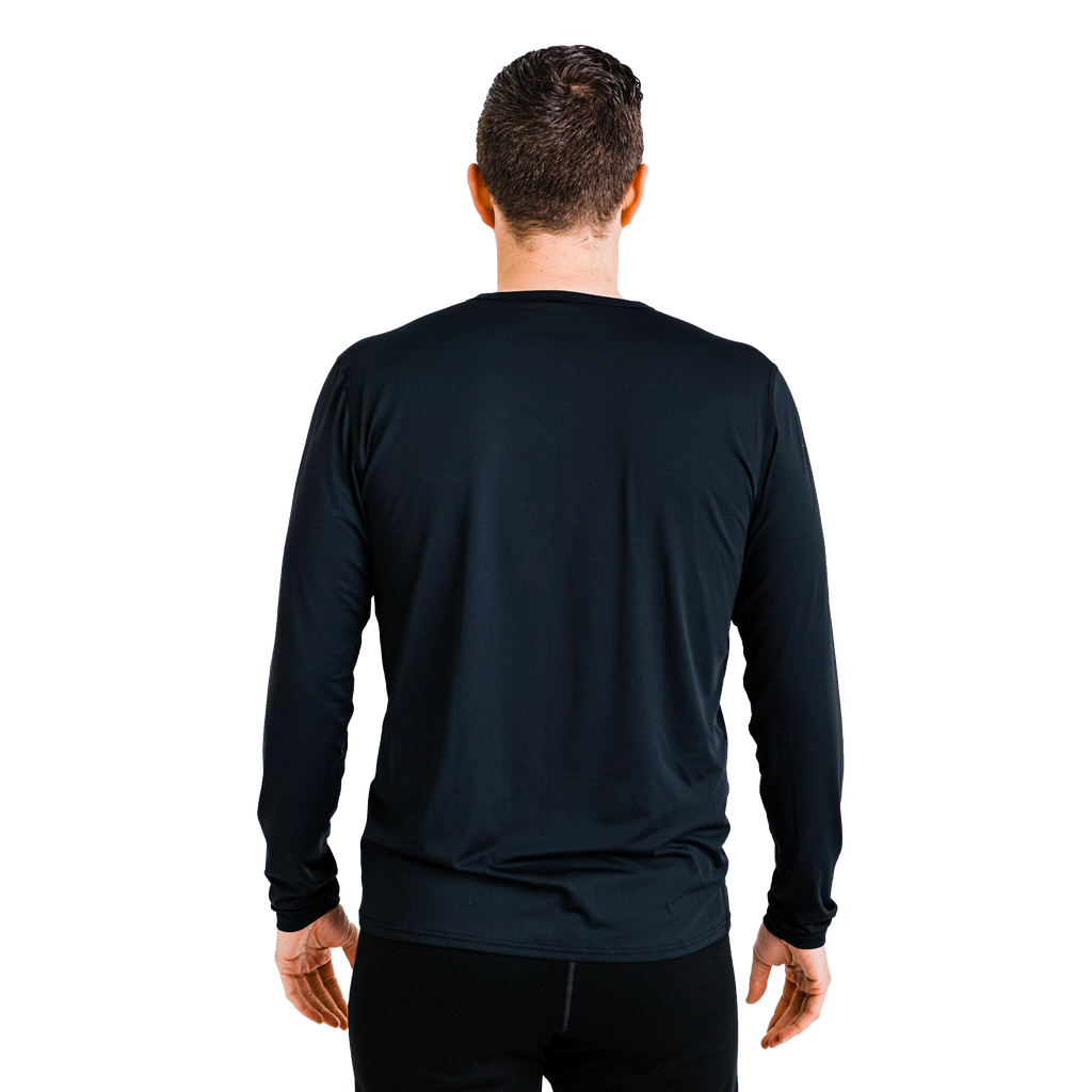 Polarmax black long sleeve top made with thermal microfleece fabric shown from back
