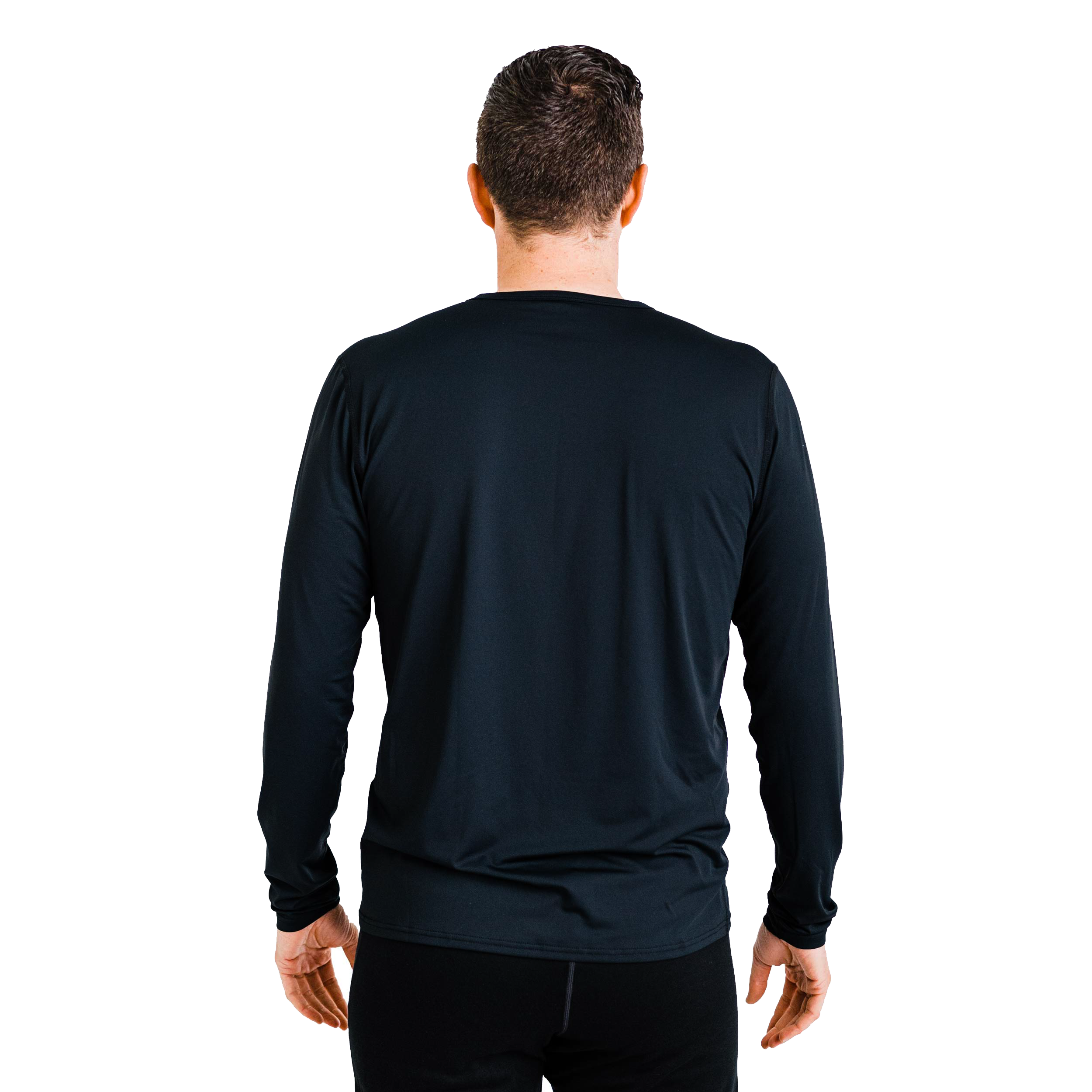 Polarmax black long sleeve top made with thermal microfleece fabric shown from back